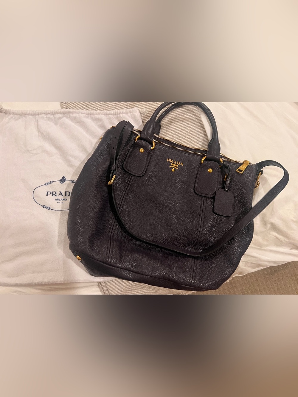 Prada Black Pebbled Leather Top-Handle Shoulder Bag with Gold Hardware